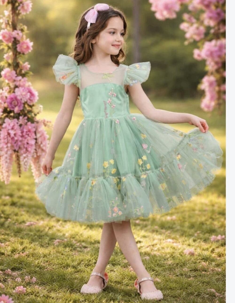 Mia Belle Girls Sage Green Tulle Floral Embroidered Dress 6 Flower Girl Easter